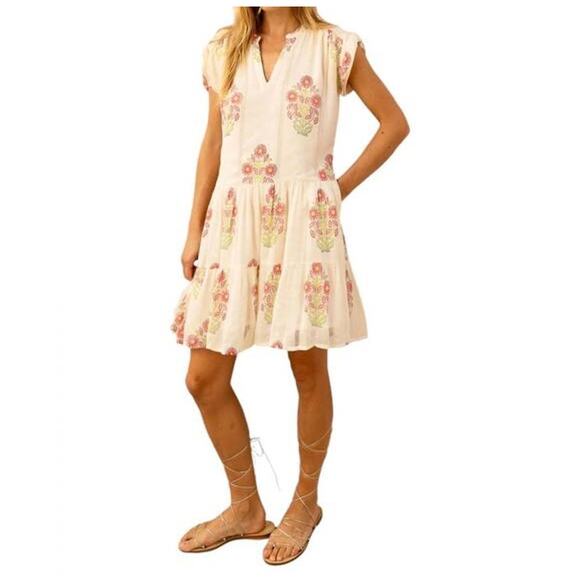 Oliphant Dresses & Skirts - Oliphant Dress Women Size M Algarve Pink Floral Roll Sleeve Tiered Mini Sundress